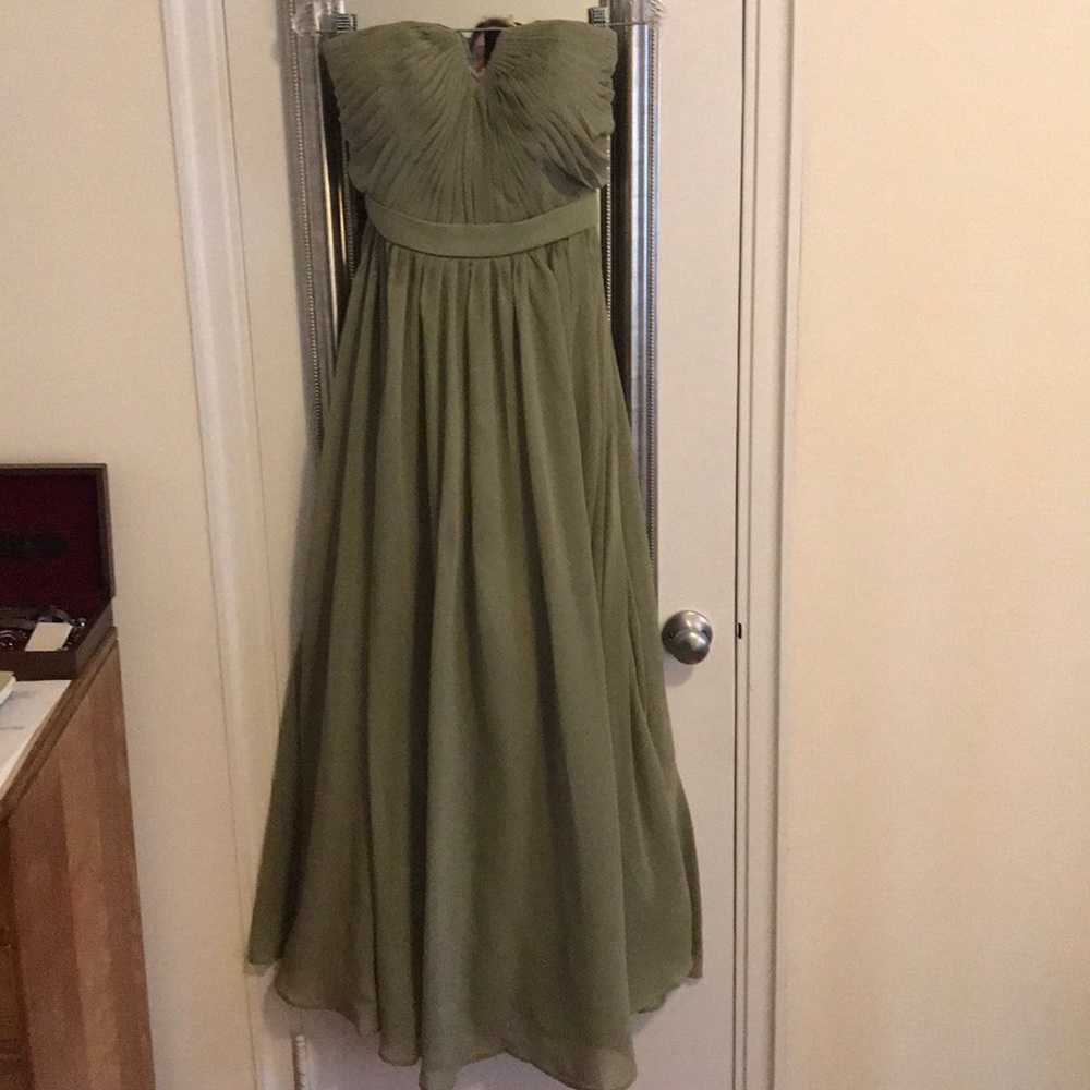 Light olive green floor length Grecian-style dress